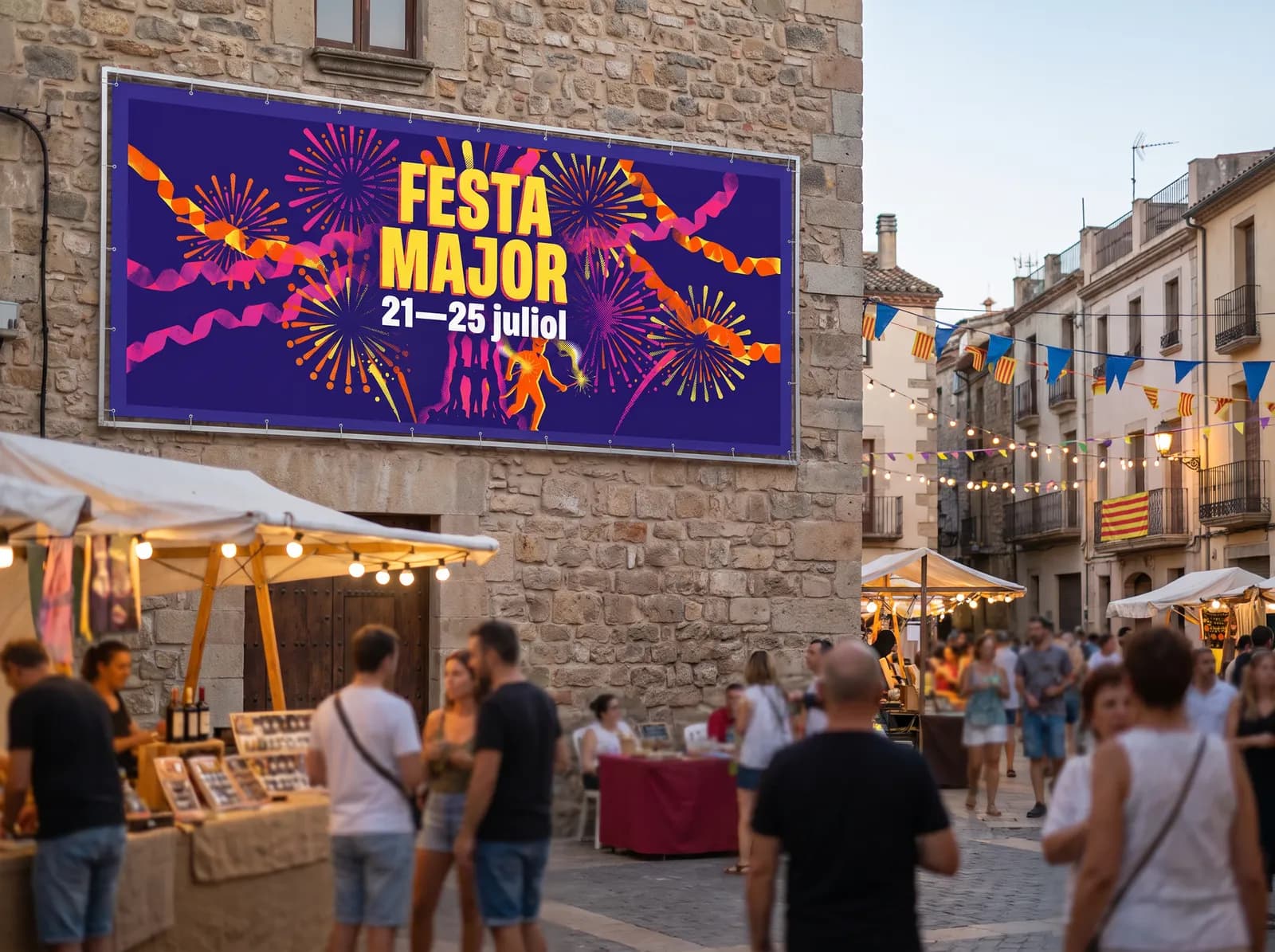 Exemple instal·lat (festa major fictícia): Una cara · Lona frontlit · Tall simple
