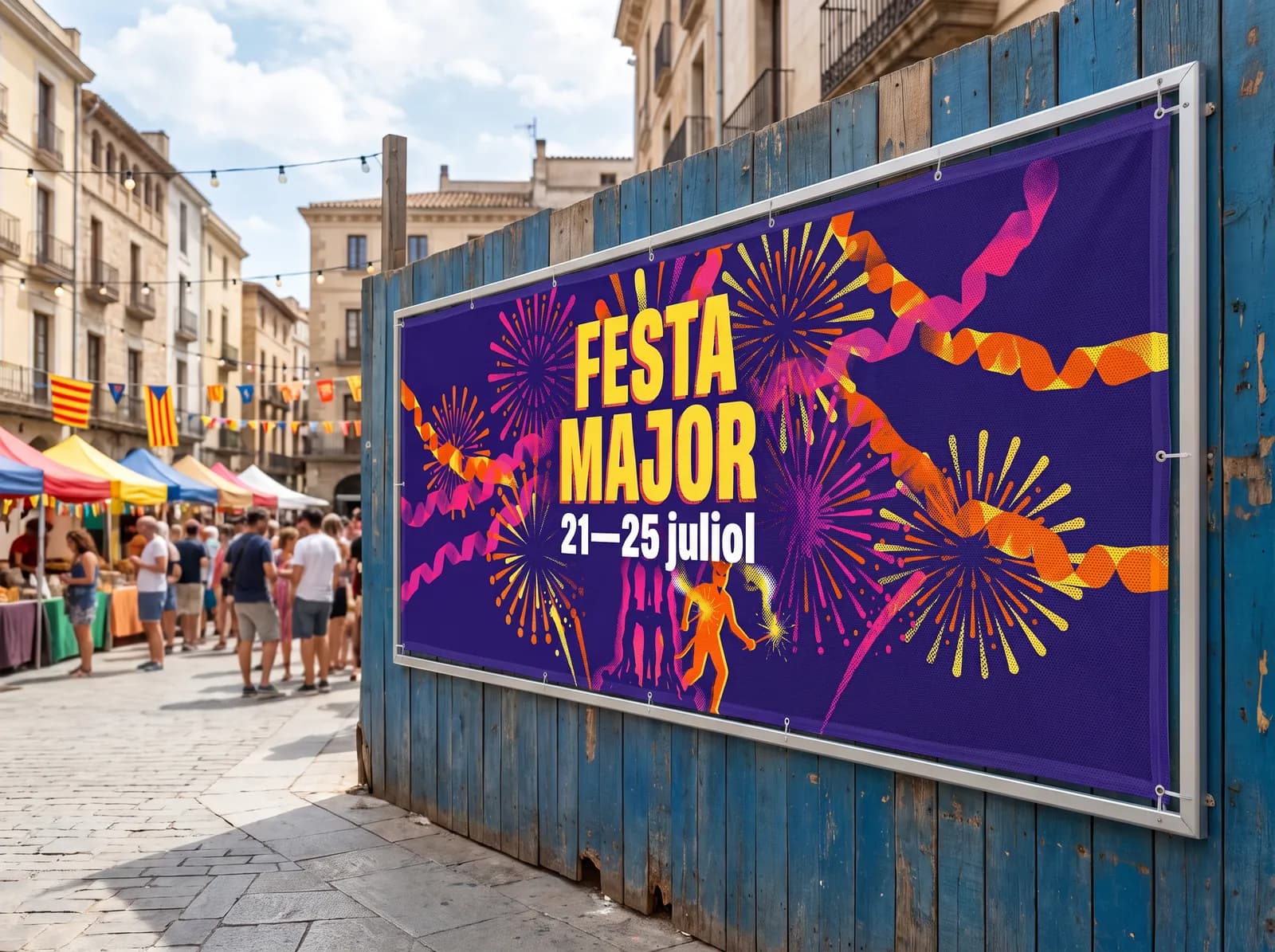 Exemple instal·lat (festa major fictícia): Lona mesh microperforada · Tall simple