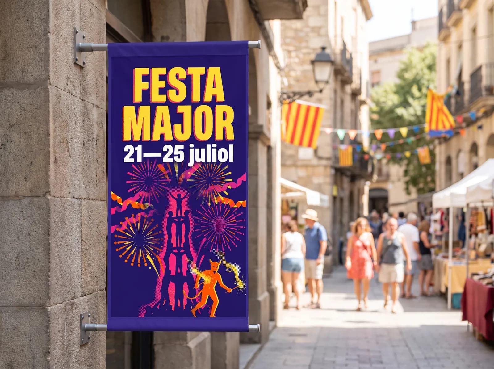 Ejemplo instalado (fiesta mayor ficticia): Dos caras · Refuerzo perimetral con vaina · Superior e inferior