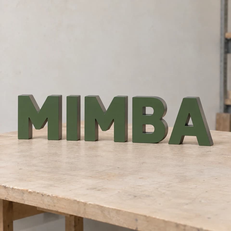 Letras construidas con volumen. Una versión sin luz, con caras verdes y laterales visibles.