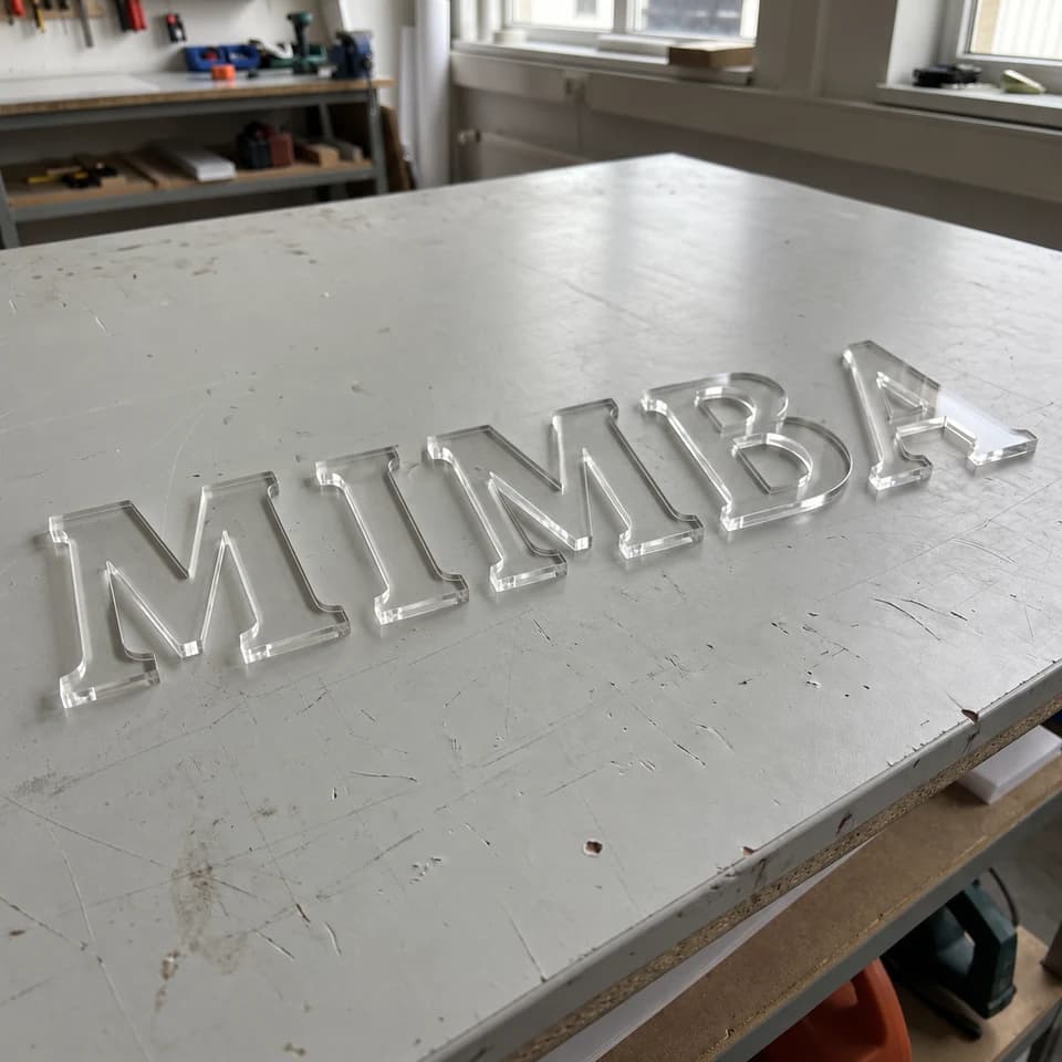 Letras recortadas de metacrilato. Una alternativa tipográfica, con el fondo visible a través de las letras.