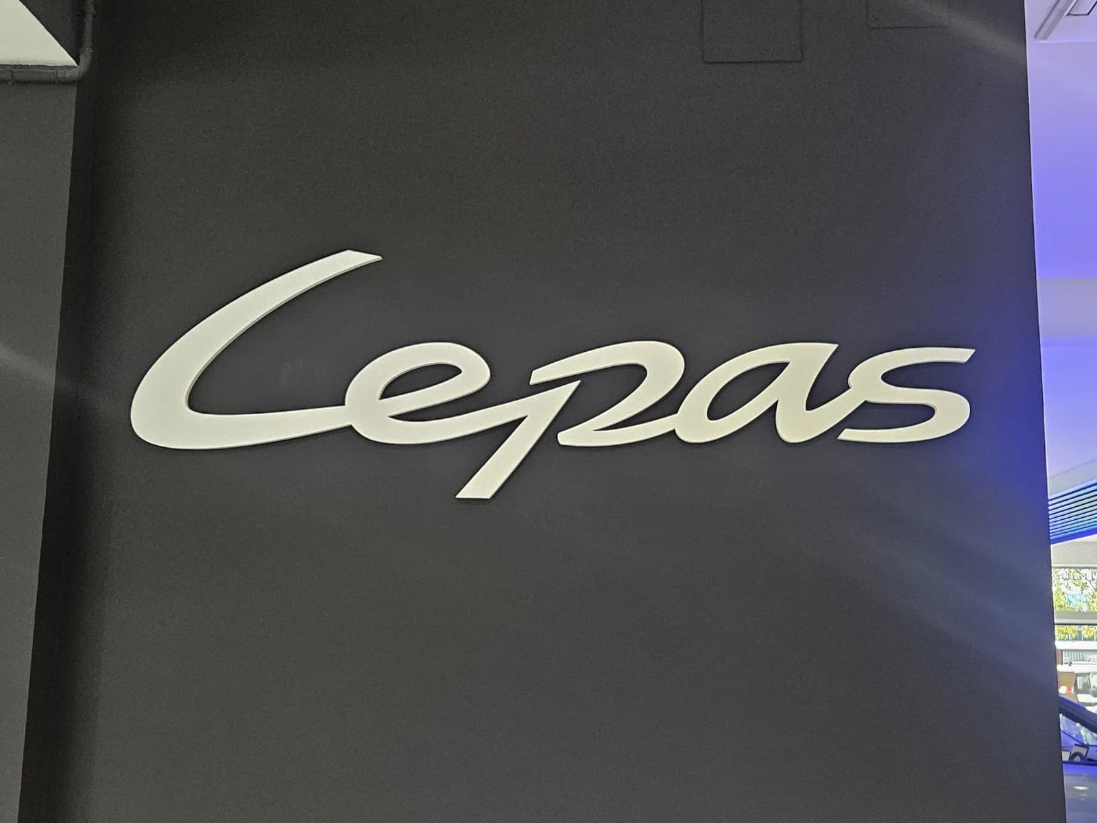 Logotipo de Cepas con letras claras en relieve sobre una pared oscura.